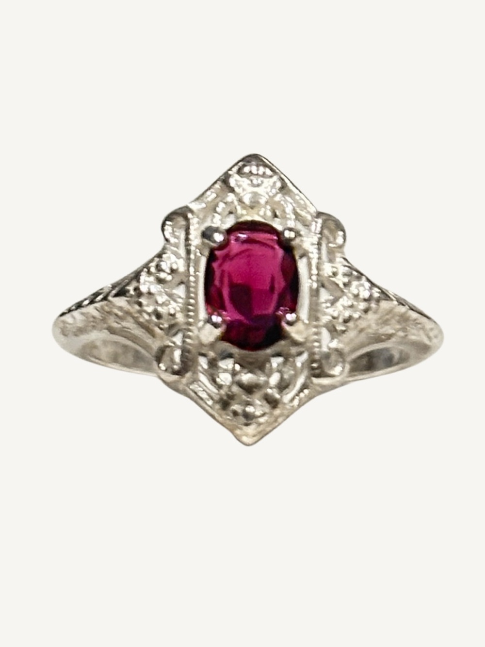 Rhodolite Garnet Sterling Silver Filigree Ring Size 7.75 Art Deco